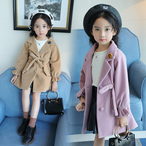 Manteau en laine mi-long pour filles, style décontracté, col à revers, simple boutonnage, manches évasées, ceinture en coton, collection automne-hiver - Product Image 5