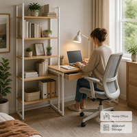 Bureau blanc avec étagère, design minimaliste et moderne