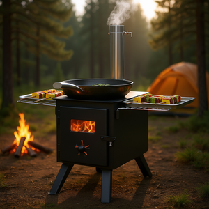 Poêle à bois portable en acier allié de 86 pouces avec foyer de 1400 pouces, pour camping en extérieur et cuisson, avec cheminée - Product Image 2