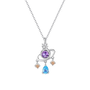 Collier Pendentif Planète Romantique en Argent Sterling S925, Incrusté de Pierres Précieuses Colorées, Luxe Léger, Accessoire Quotidien pour Femme, Chaîne de Clavicule, Cadeau - Product Image 1