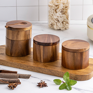 Saliera in <span class=keywords><strong>legno</strong></span> massello con coperchio e ciotola cucchiaio, <span class=keywords><strong>legno</strong></span> di Acacia condimenti a doppio strato pepe contenitore per <span class=keywords><strong>spezie</strong></span> - Product Image 1