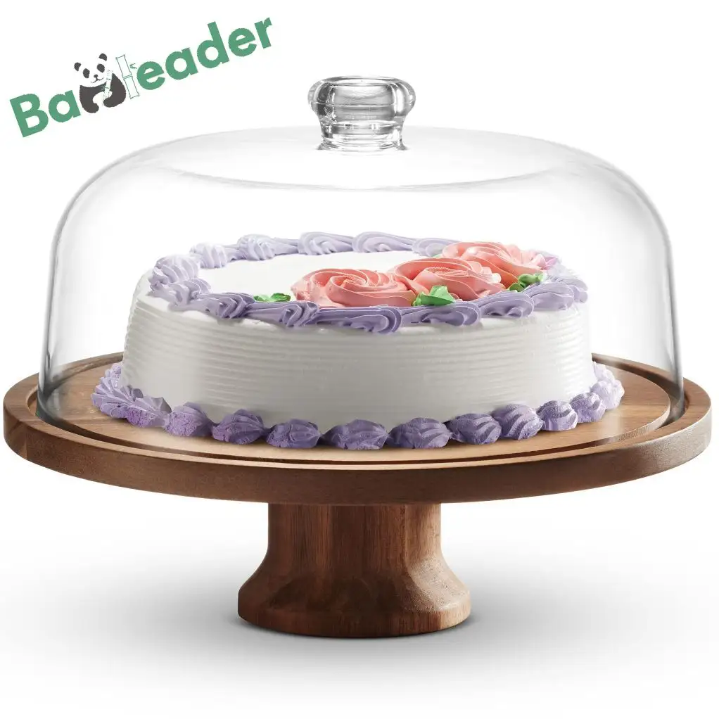 Durable Wooden Cake Stand with Glass Dome Wooden Fruit Stand Factory Custom Best Bamboo Round Cakes Stands with Top Cover