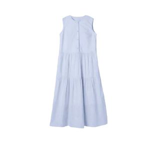 S1MAN1 Sleeveless Tiered Dress Light Blue O Neck Loose Fit Casual Daily Wear - Product Image 5