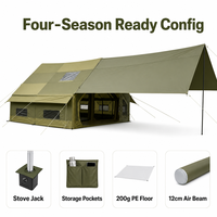 Tente de camping gonflable professionnelle 12 m² en Oxford 300D avec structure Airbeam 12 cm, double porte, hublots AB, passe-tuyau de poêle, auvent, vert kaki, pour événements extérieurs