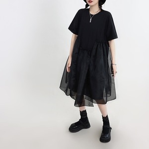 Nouvelle Robe Courte Noire Chic Française 2026 pour l'été, Style Patchwork Bouffant, Coupe Ample, Manches Courtes Bouffantes, Mini-Robe de Créateur - Product Image 1