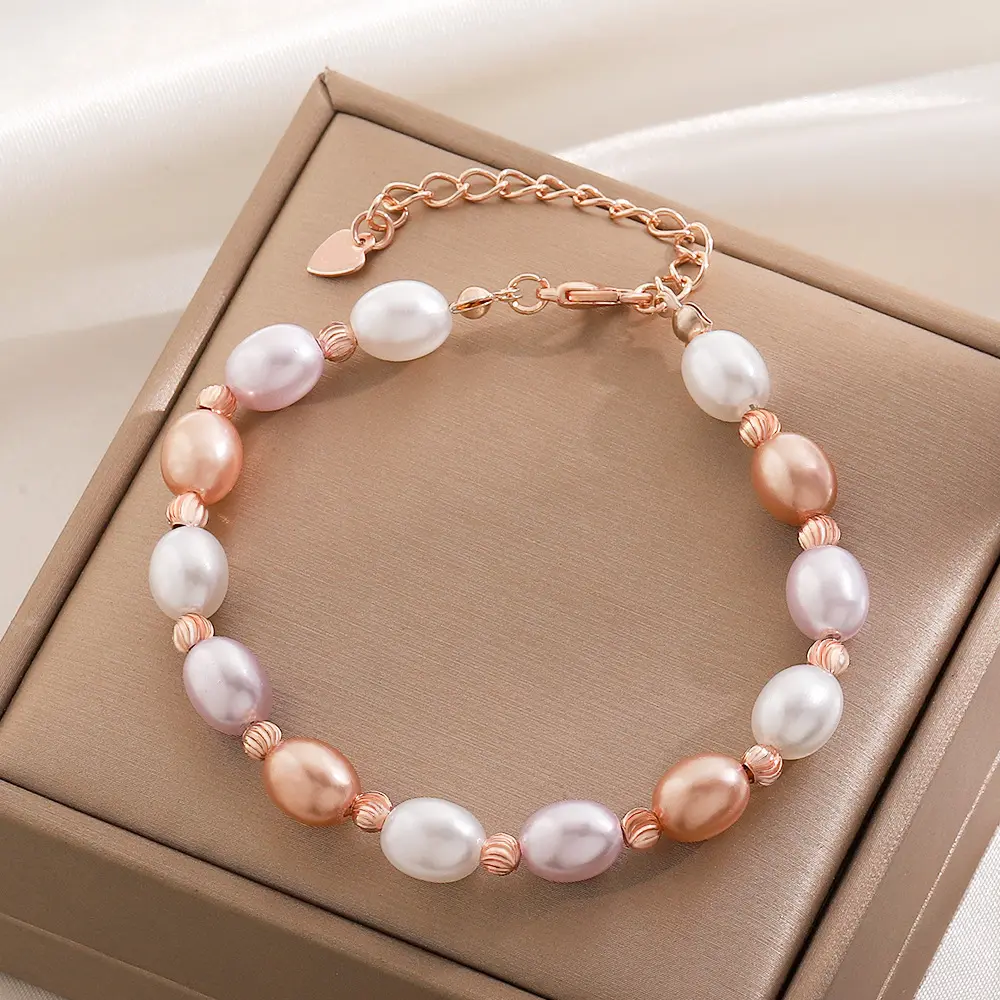 Venta caliente pulsera de perlas naturales de agua dulce moda Simple señoras aleación pulsera de cuentas redondas para mujeres