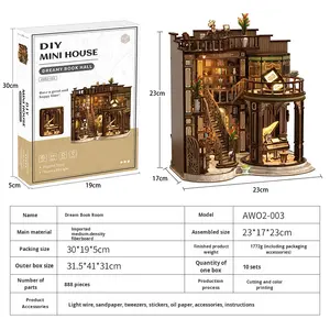 Dream Book Hall DIY Kit <span class=keywords><strong>de</strong></span> casa en miniatura-Modelo <span class=keywords><strong>de</strong></span> arquitectura europea retro con montaje manual, juguete <span class=keywords><strong>de</strong></span> regalo creativo - Product Image 1