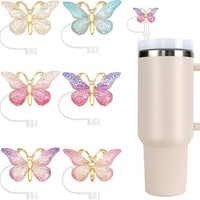 Capuchon de paille stéréoscopique 3D en forme de papillon, bouchon anti-poussière, manchon de paille de dessin animé, accessoires, manchon en silicone recyclable