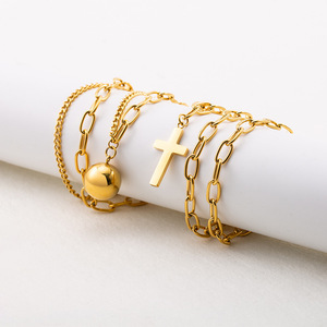 European American Style Gold Plated Titanium Steel Double Layer <b>Cross</b> Necklace Unisex Short Multi Layer Clavicle <b>Chain</b> - Product Image 2