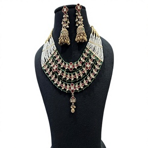 Elegante y Moderno Juego de Collar y Pendientes de Latón Chapado en Oro de Primera Calidad con Circonitas, Estilo Antiguo Polki Rajwadi, Joyería de Regalo para Bodas Indias - Product Image 2