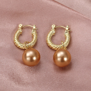 Pendientes de aro de oro Augustun con perla cultivada marrón claro, bola redonda AAA, chapado en oro de 18 quilates, joyería clásica para mujer - Product Image 4