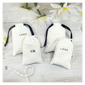 Wholesale Small Linen Custom Print Cotton Canvas <b>Drawstring</b> <b>Bag</b> White High Quality - Product Image 1