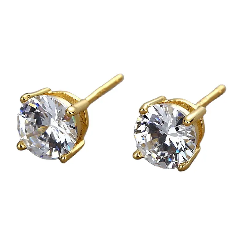 High Quality 18K Gold Plated 925 Sterling Silver Round Cubic Zirconia Cz Stud Earrings For Kids Men Women