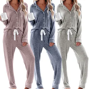 New style long sleeved winter designer warm polyester 2 piece womens soft pajamas sleepwear for women set