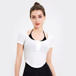 Women's Yoga Top Short Sleeve Scoop Neck Ribbed Fit Sport Wear Sky Blue - Product Image 4