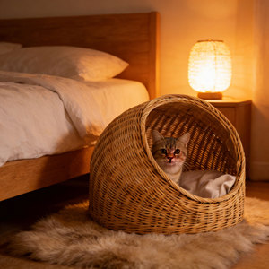 Lit pour chat en osier, maisonnette pour animaux de compagnie en rotin, nid douillet pour chat, panier de couchage avec coussin, mobilier moderne de luxe pour animaux de compagnie - Product Image 5