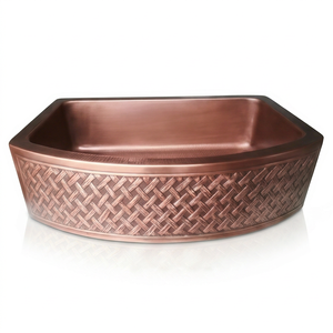 Évier de cuisine élégant en cuivre fait main, rectangulaire, à cuve unique, surface brossée, design rustique, installation sur plan. - Product Image 1