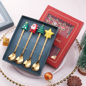Juego de Cucharas Navideñas de Acero Inoxidable de Lujo, Agitador Creativo Dorado para Café y <span class=keywords><strong>Postre</strong></span> con Lindas Tapas de Silicona con Dibujos Animados - Product Image 2