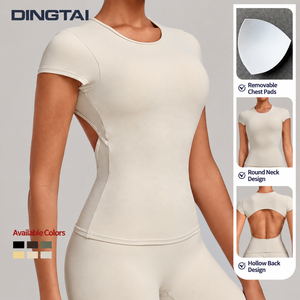 <span class=keywords><strong>Camiseta</strong></span> Deportiva Dingtai para <span class=keywords><strong>Mujer</strong></span>, Corte Ajustado, Espalda Descubierta, Manga Corta, Cuello Redondo, Almohadillas Extraíbles, Absorbe la Humedad, Ideal para Correr - Product Image 4