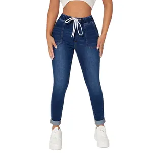 Canal de alta calidad azul cintura elástica cordón elástico Skinny Jeans Mujer 2023