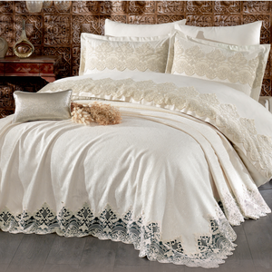 Guzide YAKUT - Juego de Novia de 8 Piezas en Chenilla Orgánica con Detalles de Encaje Dorado, Duradero y Transpirable, con un Moderno y Exclusivo Diseño en Color Crudo - Product Image 1