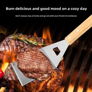 Espátula multifuncional de acero inoxidable para barbacoa al aire libre, mango de madera, abridor de botellas para parrilla de barbacoa doméstica, espátula con fugas de Metal - Product Image 4
