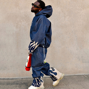 YSJY Set <span class=keywords><strong>di</strong></span> <span class=keywords><strong>Giacca</strong></span> e Pantaloni in Denim Lavato e Ricamato, Abbigliamento <span class=keywords><strong>Oversize</strong></span> Streetwear Personalizzato per Uomo - Product Image 6