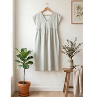 Robe d'été décontractée en lin tissé rayé pour femme, col en V, manches courtes, détails boutonnés, coupe ample et confortable