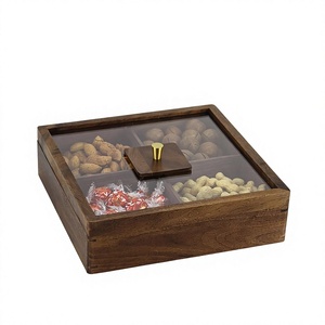 Natural Wooden Dry Fruit Serving Tray with Clear Acrylic Lid 4 Compartment Nut Candy Snack Storage Box for Home Hotel Gift - Product Image 1