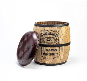 <b>Vintage</b> Leather & Mango Wood Barrel Pouf <b>Stool</b> - Product Image 4
