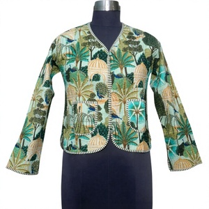 Women's Printed Knitted <b>Quilted</b> Jacket Autumn/Winter Button Short Cotton Front Open Stripe Piping Vintage Boho <b>Double</b>-Sided Crop - Product Image 1