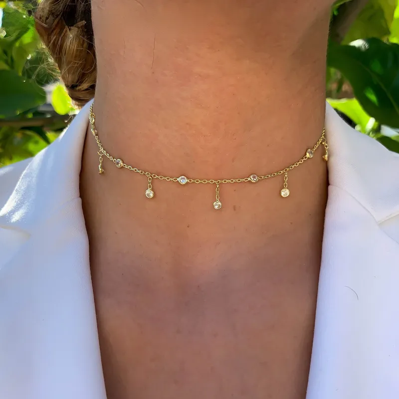 100% 925 Sterling Silver BEZEL Drop Cz Station Charm Tassel Chain Dainty Necklace For Women Sexy Layer Boho Jewelry