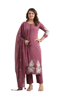 Women Cotton Silk <b>Sequins</b> Embroidered Straight Kurti <b>Pant</b> Dupatta Set | Round-Neck | 3/4 Sleeves | Traditional Ethnic Wear - Product Image 6