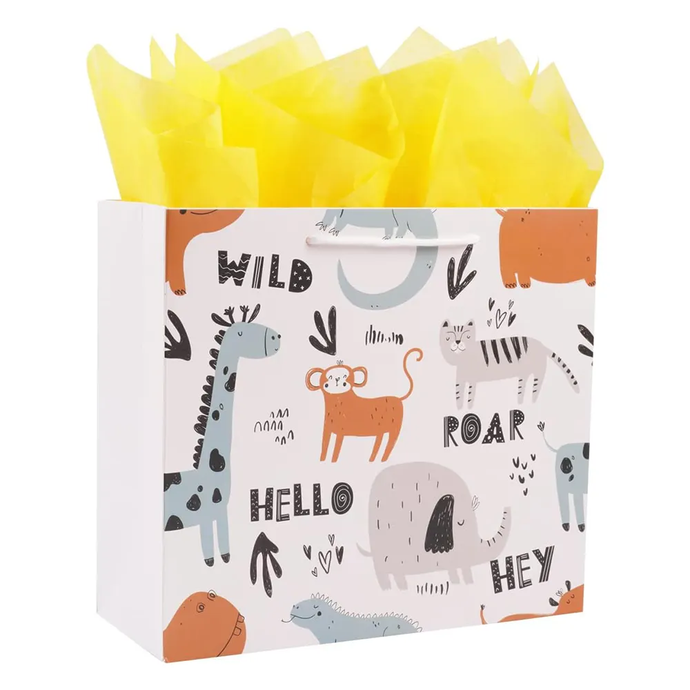 Sac cadeau en papier Grands sacs cadeaux Zoo sarcelle pour enfants Fête d'anniversaire Baby Shower LOGO imprimé personnalisé Recycler sacs de faveur de mariage