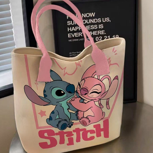 Tas Tote Kanvas Cetak Anime Stitch Besar, Tas Selempang Portabel Modis untuk Pelajar dan Bayi, Tas Makan Siang untuk Ibu - Product Image 1