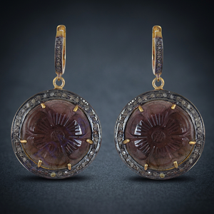 Boucles d'oreilles pendantes vintage plaquées or avec agate, motif floral, serti clos, en alliage, pour femme, marque Rajasthan - Product Image 3