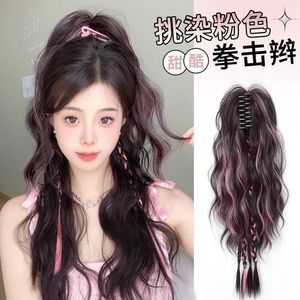 Peluca de cola de caballo con trenzas Boxer y reflejos, rizos en cascada, clip de pelo realista y esponjoso para mujer, material de alambre resistente a altas temperaturas - Product Image 2