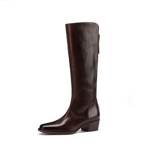 Meilleures ventes : Bottes mi-mollet décontractées en cuir de vachette pleine fleur, couleur unie, style rétro, avec ceinture décorative, antidérapantes, imperméables, à talon épais et confortable. - Product Image 2