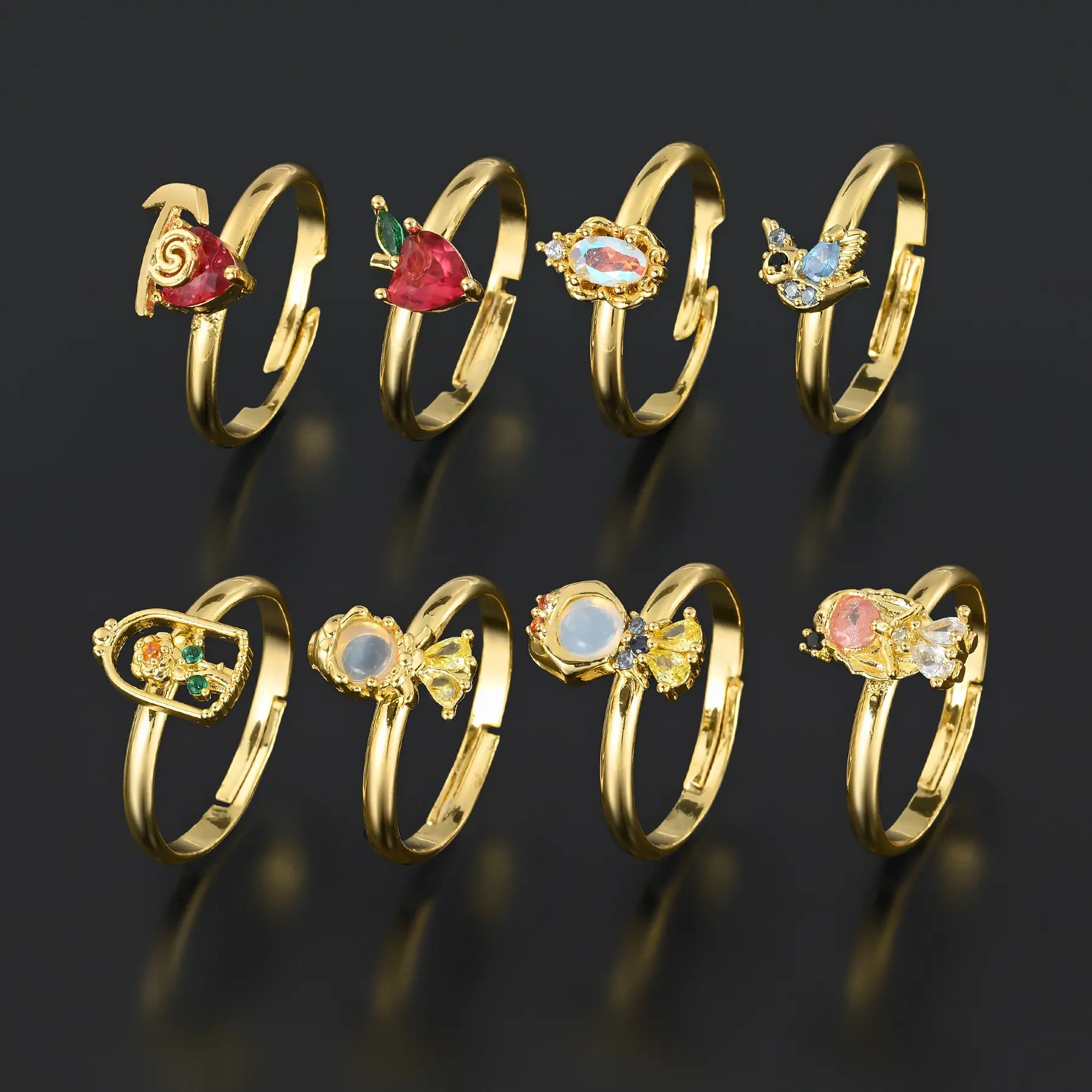Bijoux princesse style dessin animé plaqué or 18 carats ensemble de bagues réglables anneaux ouverts incrustés de zircon pour femmes