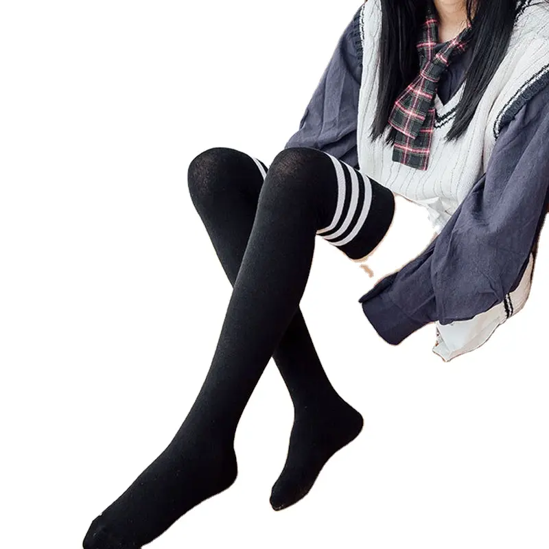 ถุงเท้ายาวเหนือเข่าลายทางสำหรับผู้หญิง,ถุงเท้าลายทางปักสองทางถุงเท้าสตรีสไตล์ญี่ปุ่นน่ารักดีไซน์ใหม่