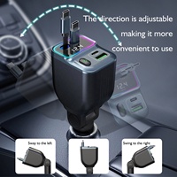 Cable USB-C Retráctil Doble, Cargador Rápido PD de 65W, Adaptador de 4 Puertos, Pantalla de Voltaje, 12-24V, Encendedor de Cigarrillos para Auto, Iluminación RGB LED