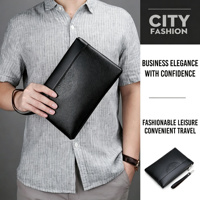 Pochette en cuir PU pour homme, porte-monnaie d'affaires avec motif demi-lune en relief, sac à main grande capacité avec dragonne