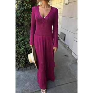 Robe tricotée ethnique à col en V, jupe superposée ample, taille naturelle, respirante, robe décontractée pour les vacances - Product Image 2