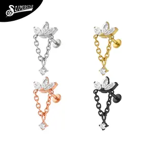 Superstar Custom Fashion G23 Titanium Threadless Labret Marquise Shape Zircon Chain Design Lip Stud Body Piercing Jewelry