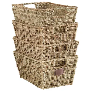 Panier de rangement en jonc de mer noire, panier de rangement pour la salle de bain, pour organiser les placards empilables, avec cadre en fer