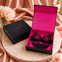 Boîte cadeau de luxe en carton rigide noir et rose avec fermeture magnétique, logo personnalisé en estampage à chaud, ensemble de lingerie sexy, soutien-gorge et culotte