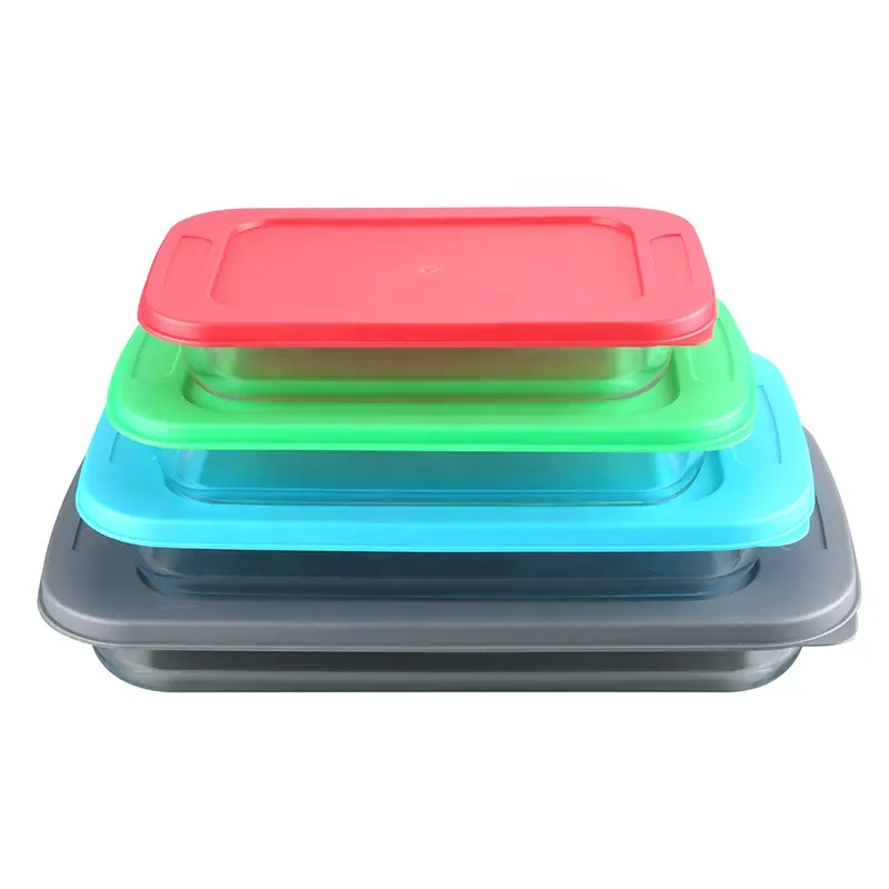 High quality glass baking tray with lid/baking dishes with food grade plastic lid oven safe glass bakeware set with lid