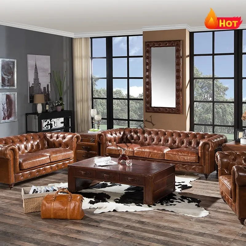 Sofá antiguo de cuero genuino vintage de alta calidad, juego de sofá Chesterfield de cuero de grano superior 100%, muebles de sofá de sala de estar de lujo