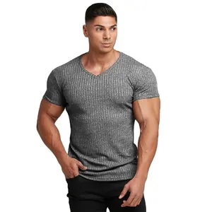 Chemises slim pour hommes, t-shirt de gym, bodybuilding, col en V avec élasticité, chemise de sport pour hommes, vêtements de sport masculins, vêtements de gym pour hommes - Product Image 1