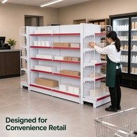 Étagère gondole double face blanche avec panneau arrière perforé, panneau avant en treillis métallique double face, présentoir de supermarché avec lèvre avant rouge